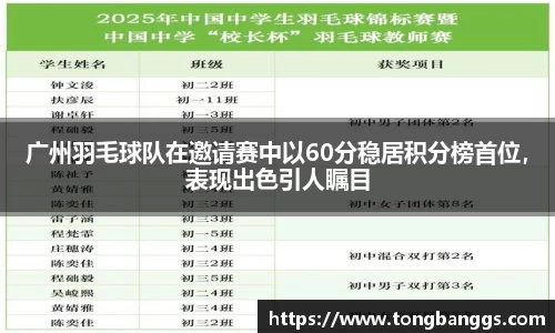 广州羽毛球队在邀请赛中以60分稳居积分榜首位，表现出色引人瞩目